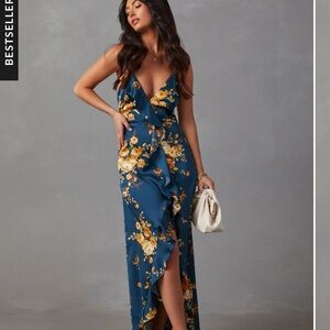 Capriccio Satin Floral Ruffle Maxi Dress